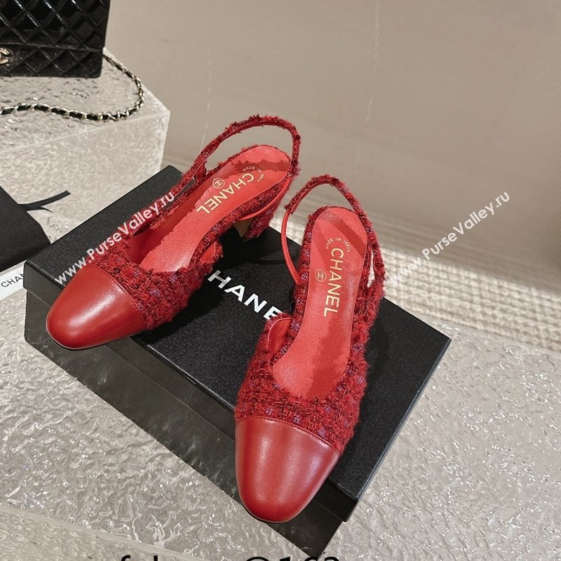 Chanel Tweed Calfskin Leather Slingbacks Pumps 6.5cm G31318 Red 2024 (MD-240423152)