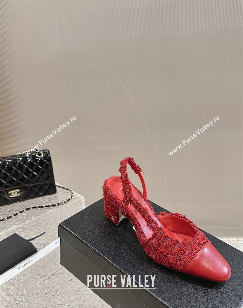 Chanel Tweed Calfskin Leather Slingbacks Pumps 6.5cm G31318 Red 2024 (MD-240423152)