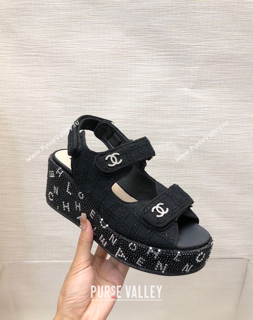 Chanel Tweed Wedge Sandals with Crystals and Letters Black 2 2024 0423 (MD-240423004)