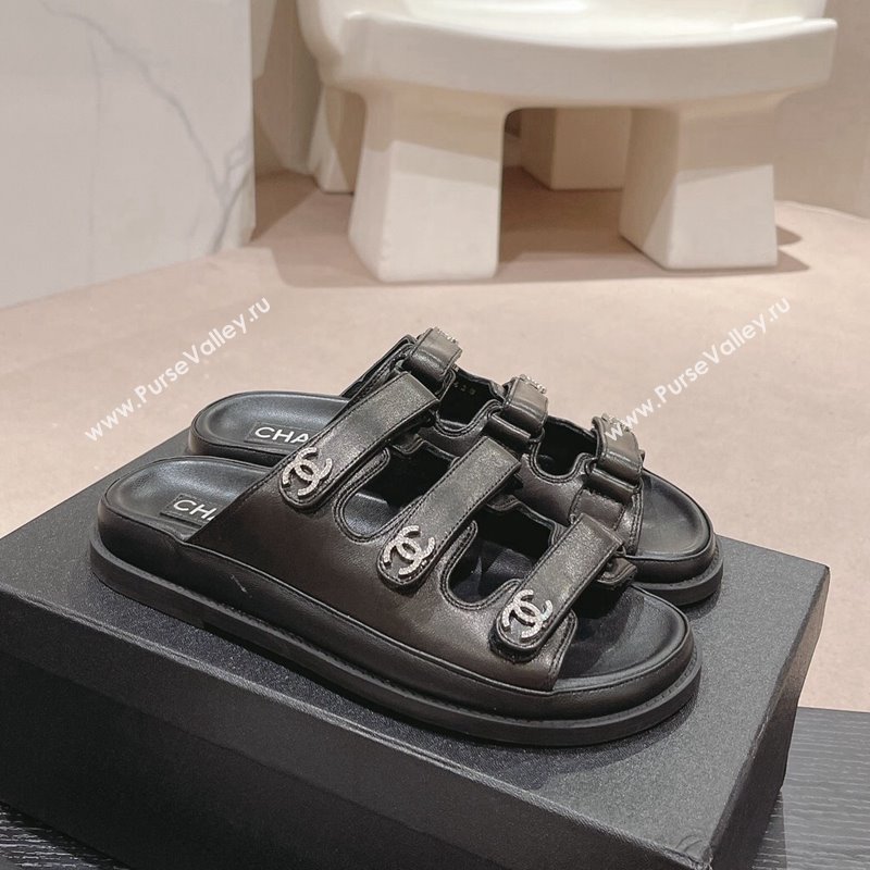 Chanel Lambskin Flat Slide Sandals with Triple Straps and Crystals CC Black 2024 0423 (MD-240423032)