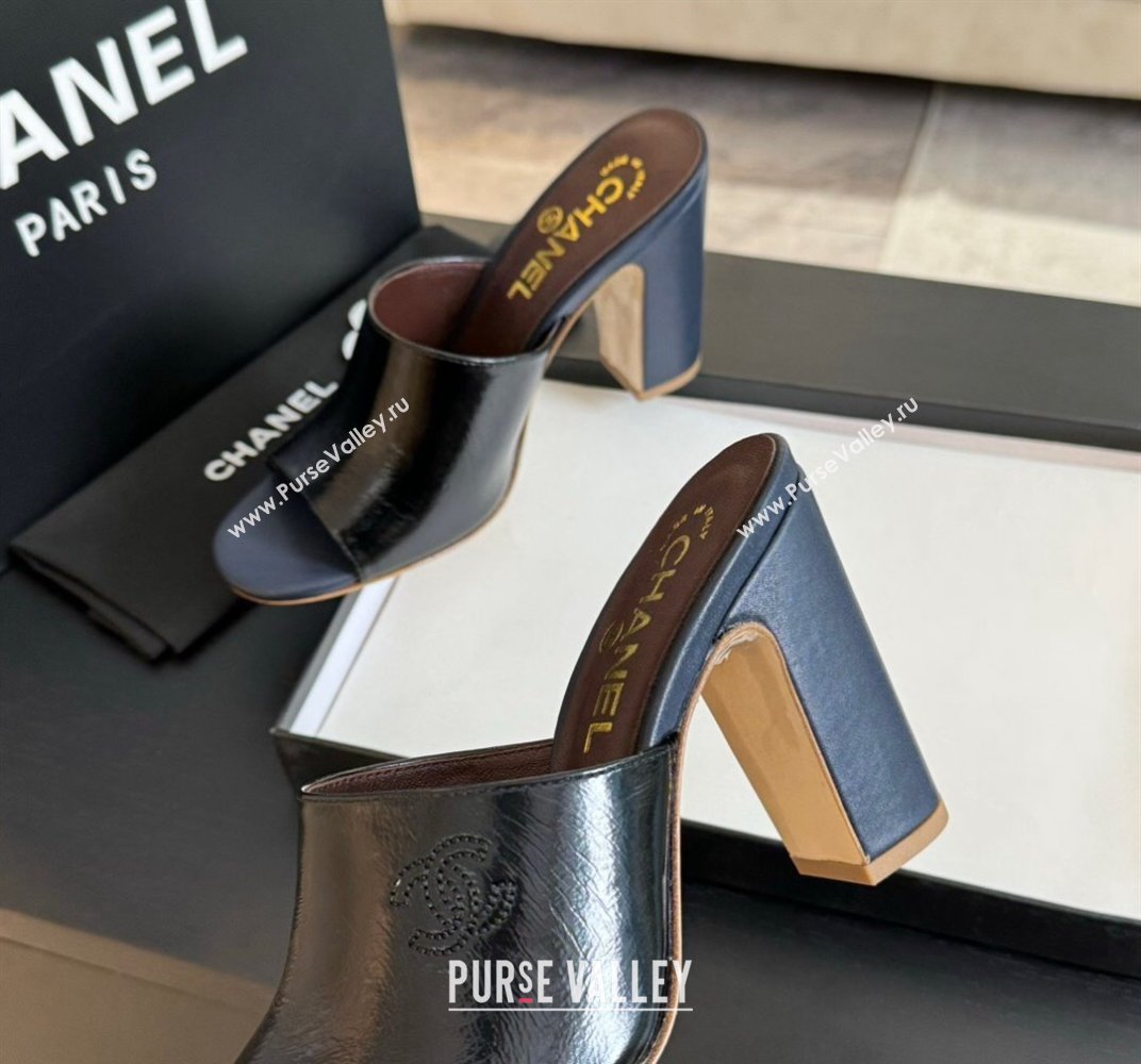 Chanel Calfskin Slide Sandals 9.5cm with Side CC G45566 Black 2024 (MD-240424013)