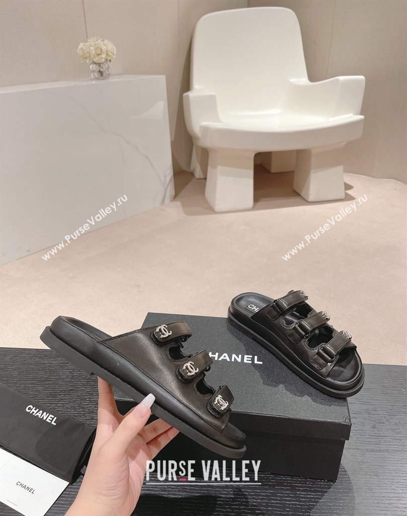 Chanel Lambskin Flat Slide Sandals with Triple Straps and Crystals CC Black 2024 0423 (MD-240423032)