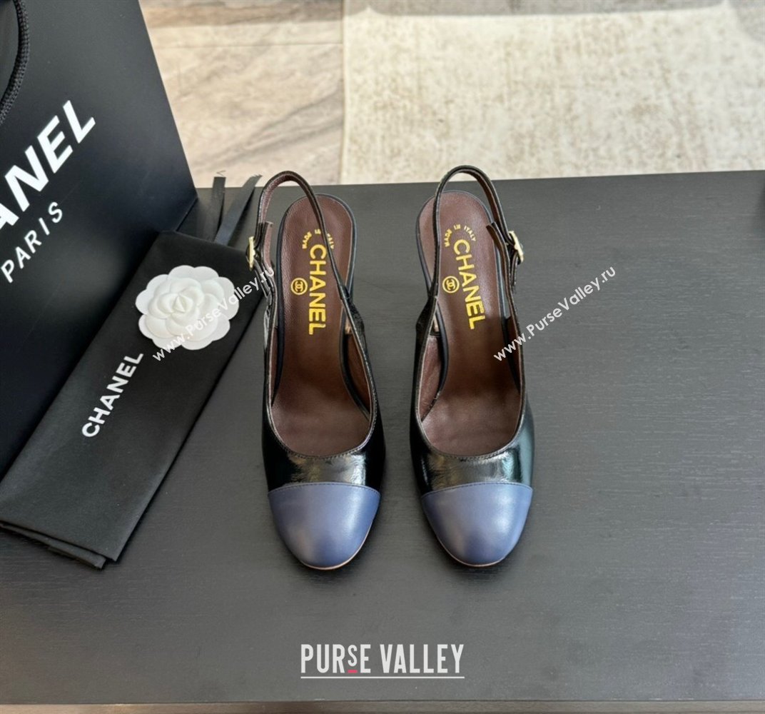 Chanel Calfskin Slingback Pumps 9cm with Side CC G45566 Black/Blue 2024 (MD-240424009)