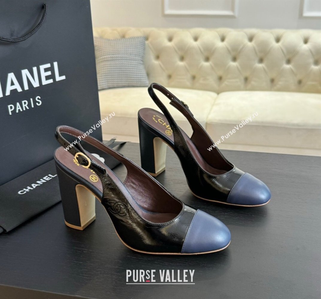 Chanel Calfskin Slingback Pumps 9cm with Side CC G45566 Black/Blue 2024 (MD-240424009)