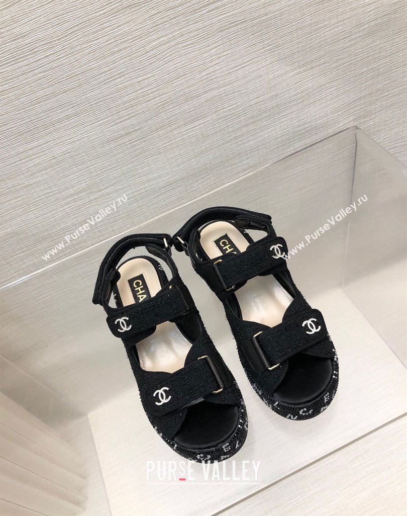 Chanel Tweed Wedge Sandals with Crystals and Letters Black 2 2024 0423 (MD-240423004)