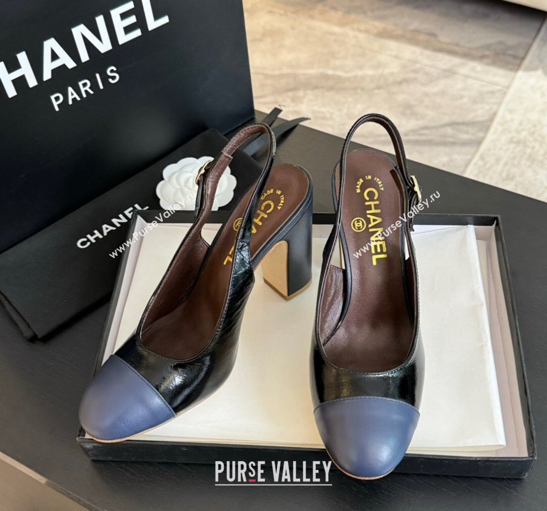 Chanel Calfskin Slingback Pumps 9cm with Side CC G45566 Black/Blue 2024 (MD-240424009)