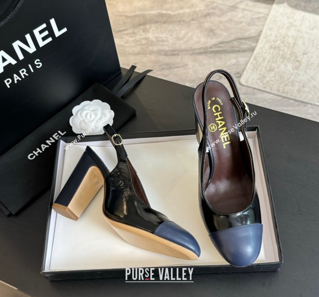 Chanel Calfskin Slingback Pumps 9cm with Side CC G45566 Black/Blue 2024 (MD-240424009)