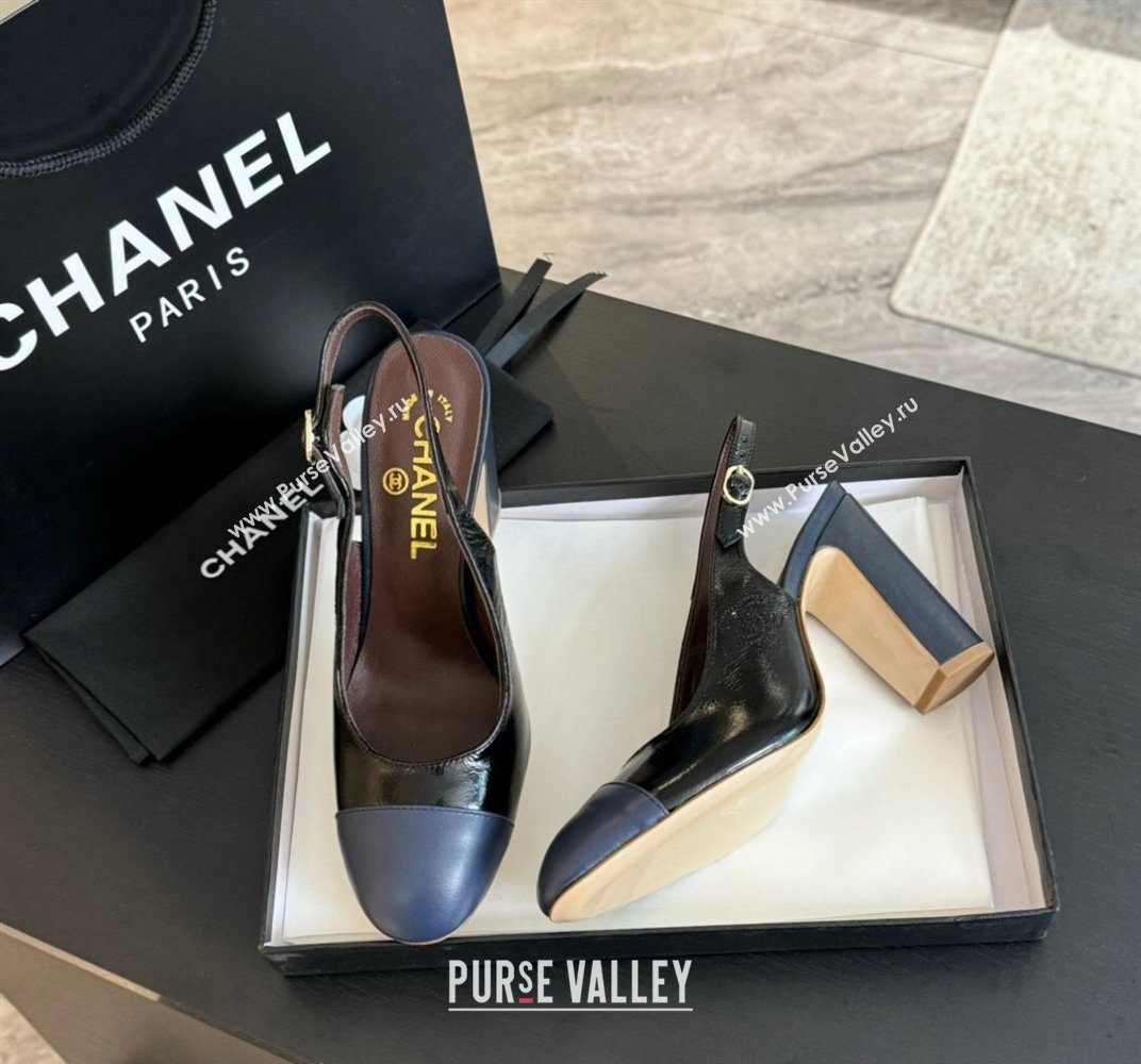 Chanel Calfskin Slingback Pumps 9cm with Side CC G45566 Black/Blue 2024 (MD-240424009)