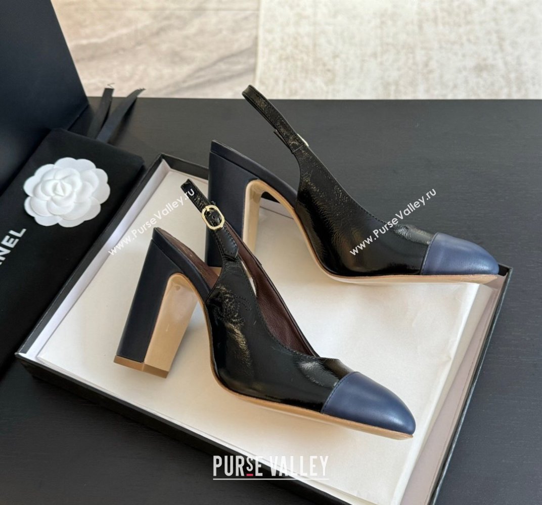 Chanel Calfskin Slingback Pumps 9cm with Side CC G45566 Black/Blue 2024 (MD-240424009)