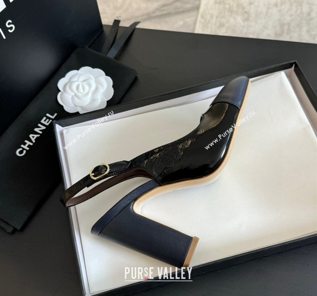 Chanel Calfskin Slingback Pumps 9cm with Side CC G45566 Black/Blue 2024 (MD-240424009)