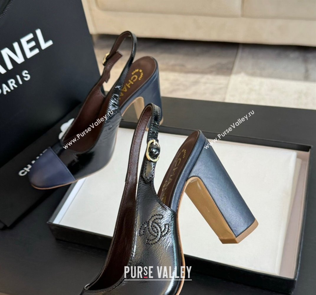 Chanel Calfskin Slingback Pumps 9cm with Side CC G45566 Black/Blue 2024 (MD-240424009)