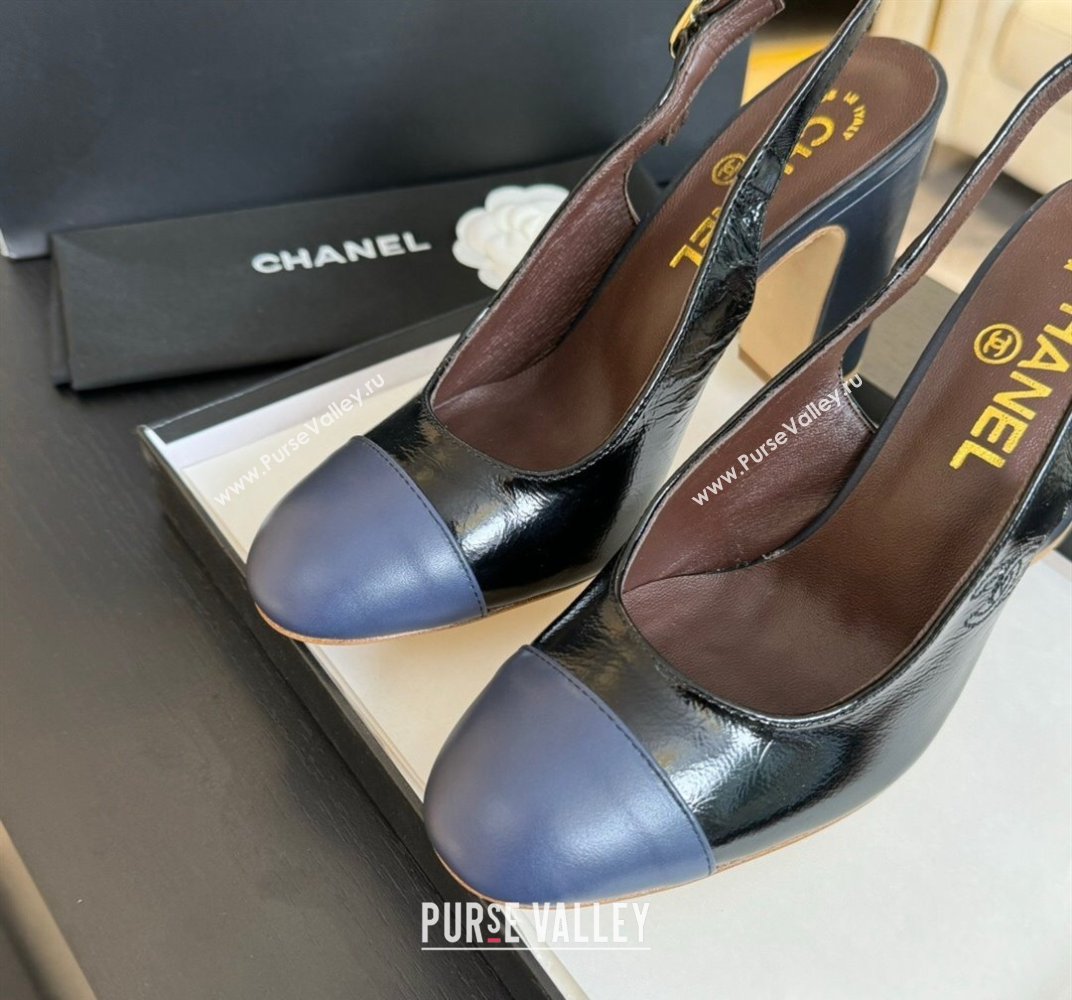 Chanel Calfskin Slingback Pumps 9cm with Side CC G45566 Black/Blue 2024 (MD-240424009)