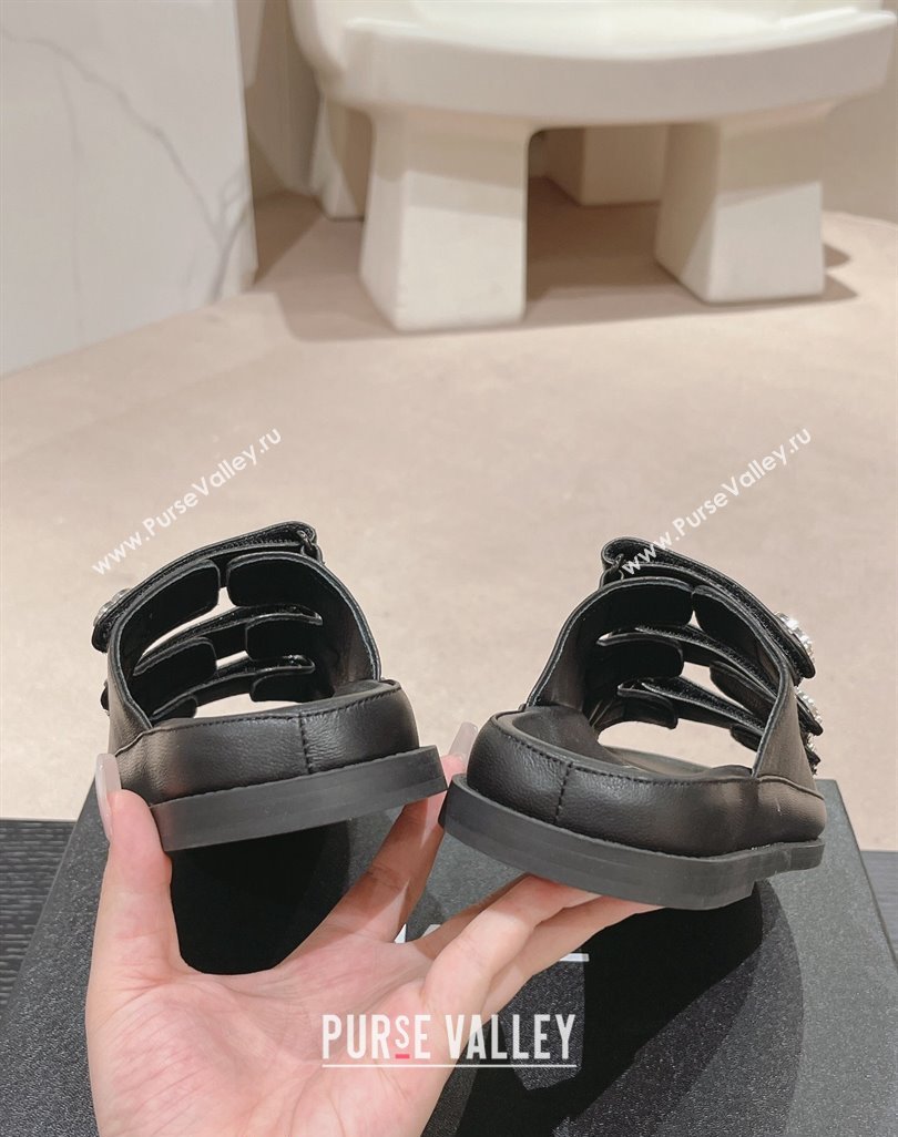 Chanel Lambskin Flat Slide Sandals with Triple Straps and Crystals CC Black 2024 0423 (MD-240423032)