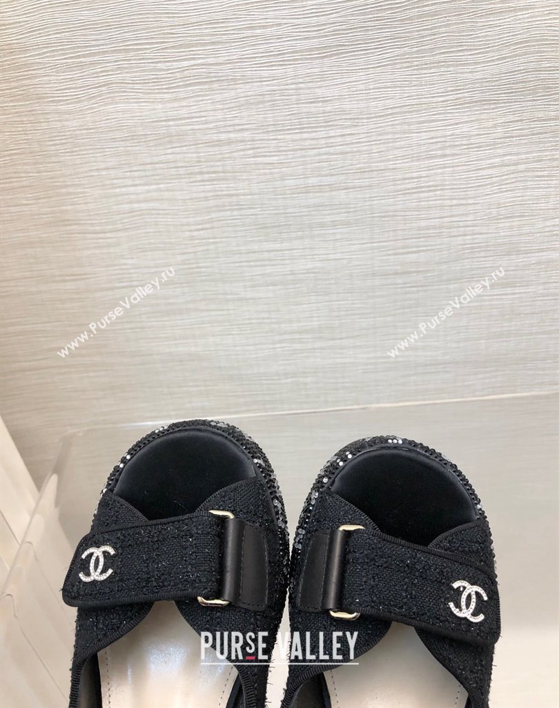 Chanel Tweed Wedge Sandals with Crystals and Letters Black 2 2024 0423 (MD-240423004)