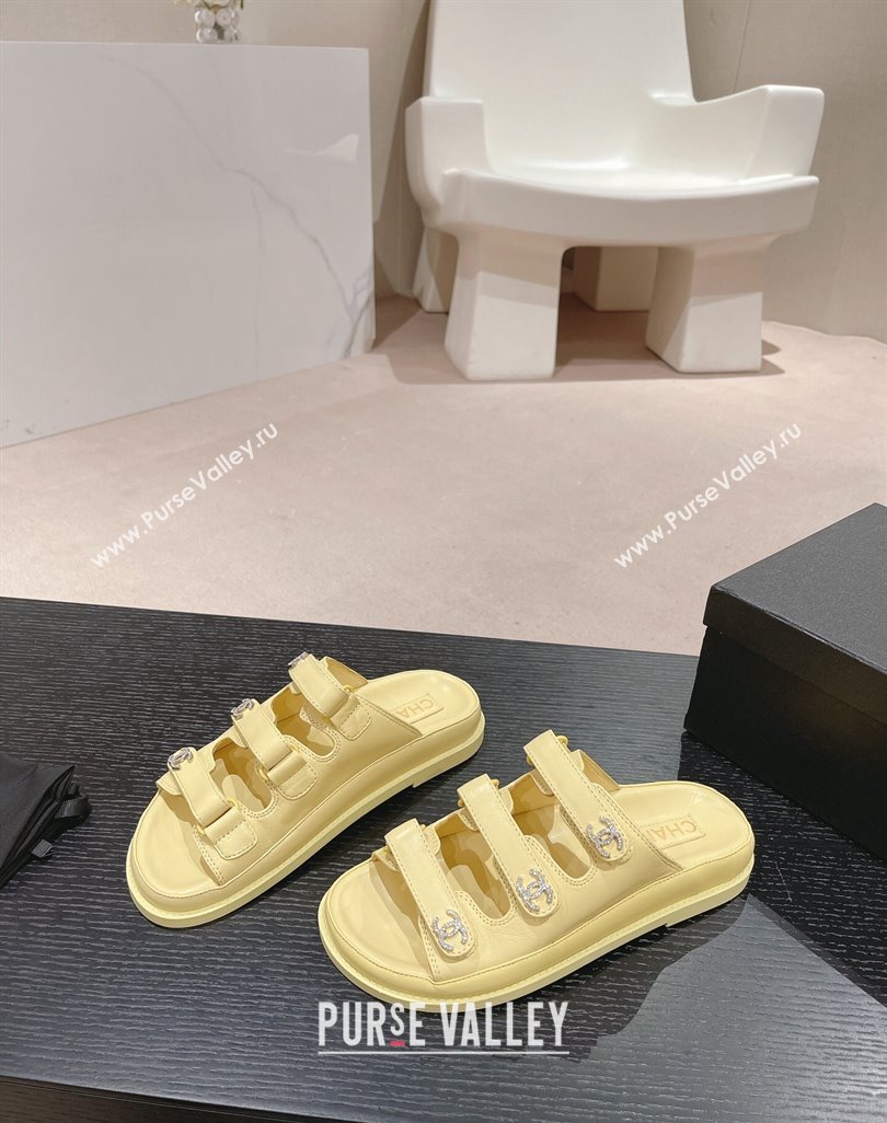 Chanel Lambskin Flat Slide Sandals with Triple Straps and Crystals CC Yellow 2024 0423 (MD-240423034)