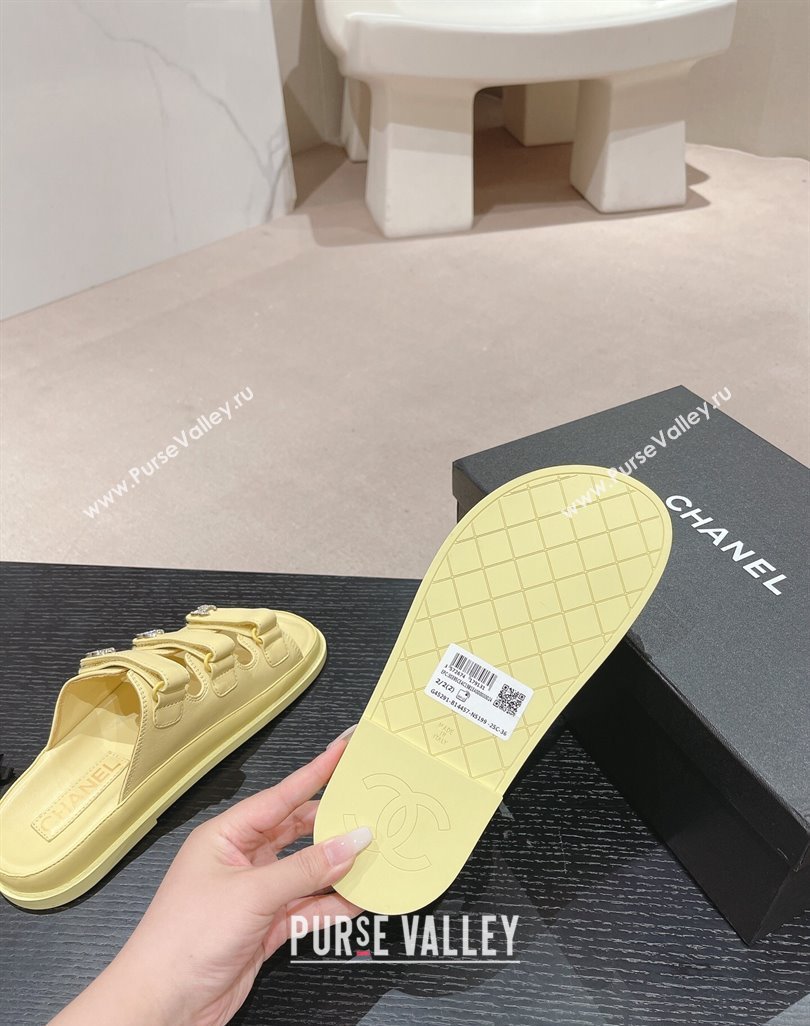 Chanel Lambskin Flat Slide Sandals with Triple Straps and Crystals CC Yellow 2024 0423 (MD-240423034)