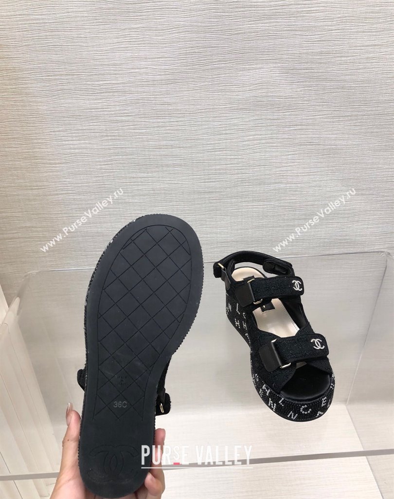 Chanel Tweed Wedge Sandals with Crystals and Letters Black 2 2024 0423 (MD-240423004)