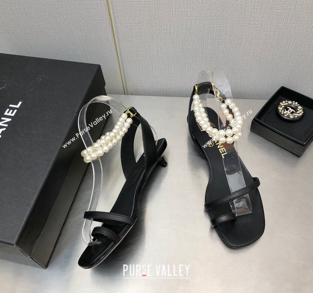 Chanel Lambskin Heel Sandals with Pearls Ankle Strap Black 2024 0423 (MD-240423001)