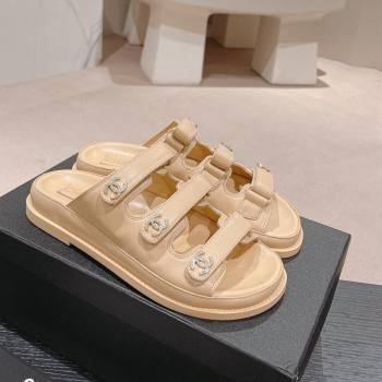Chanel Lambskin Flat Slide Sandals with Triple Straps and Crystals CC Beige 2024 0423 (MD-240423035)