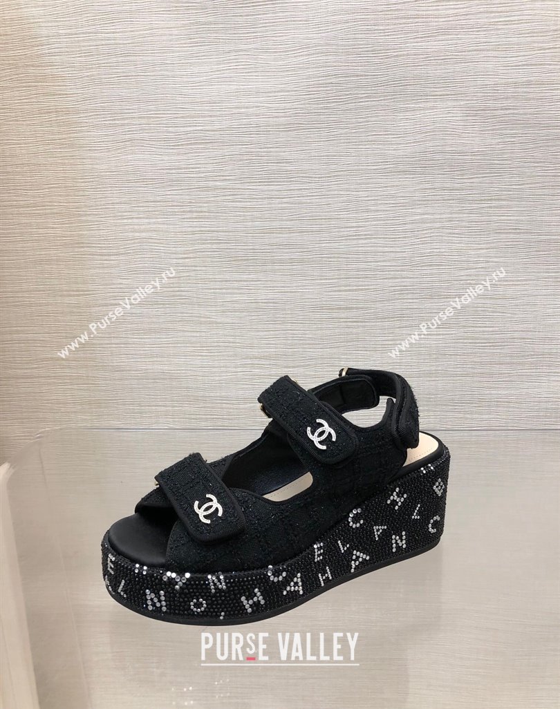 Chanel Tweed Wedge Sandals with Crystals and Letters Black 2 2024 0423 (MD-240423004)