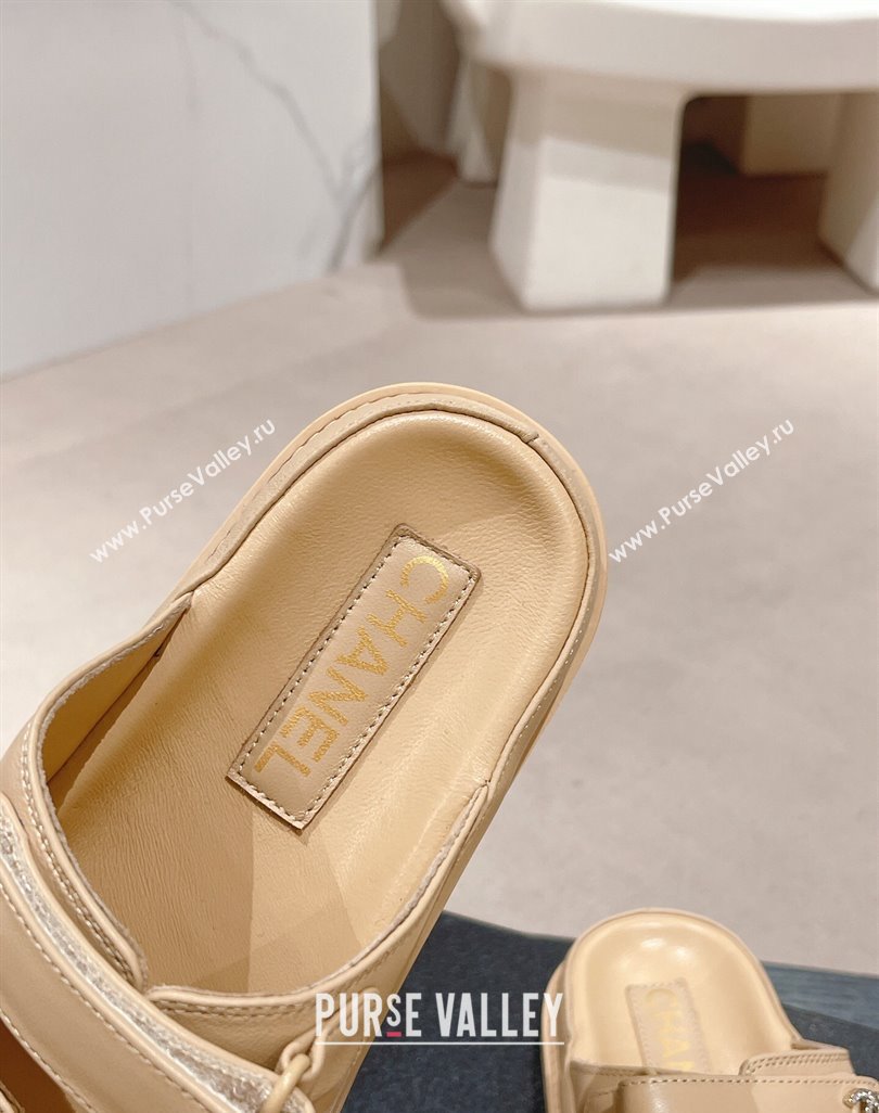 Chanel Lambskin Flat Slide Sandals with Triple Straps and Crystals CC Beige 2024 0423 (MD-240423035)