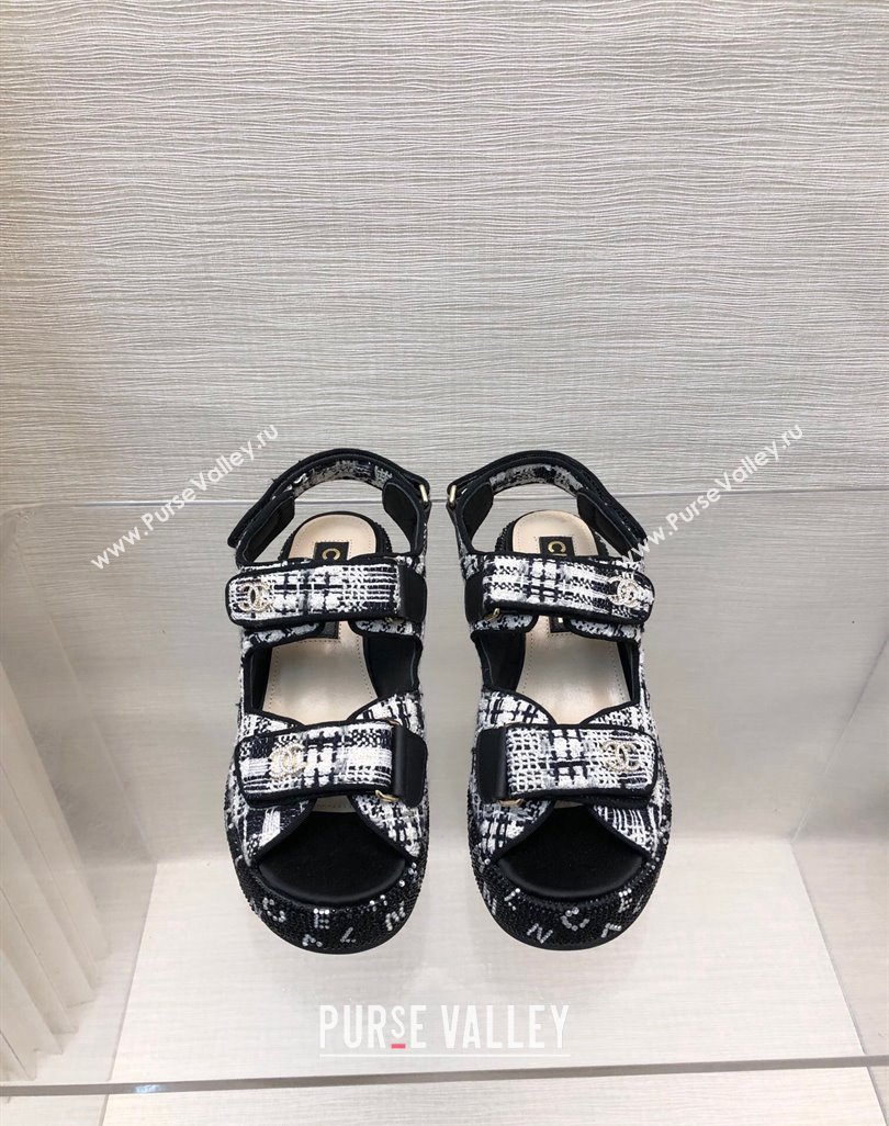 Chanel Tweed Wedge Sandals with Crystals and Letters Black/White 2024 0423 (MD-240423005)