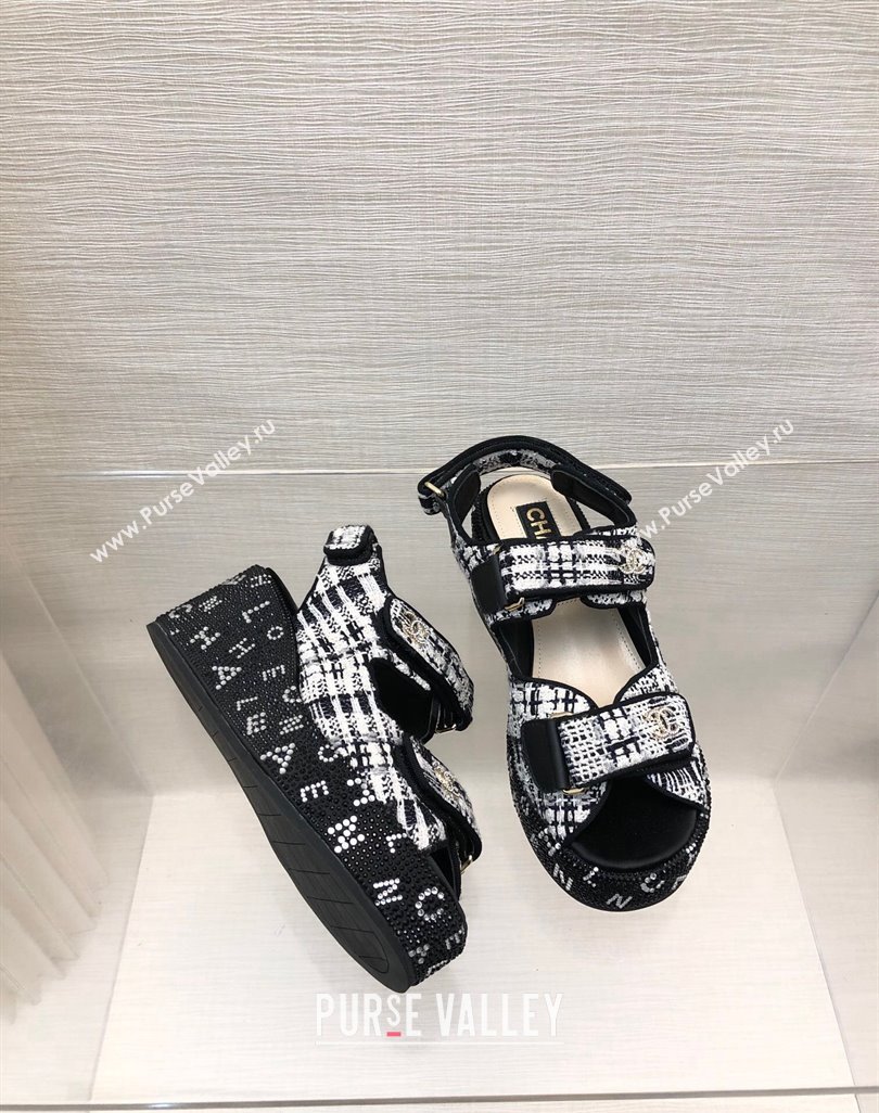 Chanel Tweed Wedge Sandals with Crystals and Letters Black/White 2024 0423 (MD-240423005)