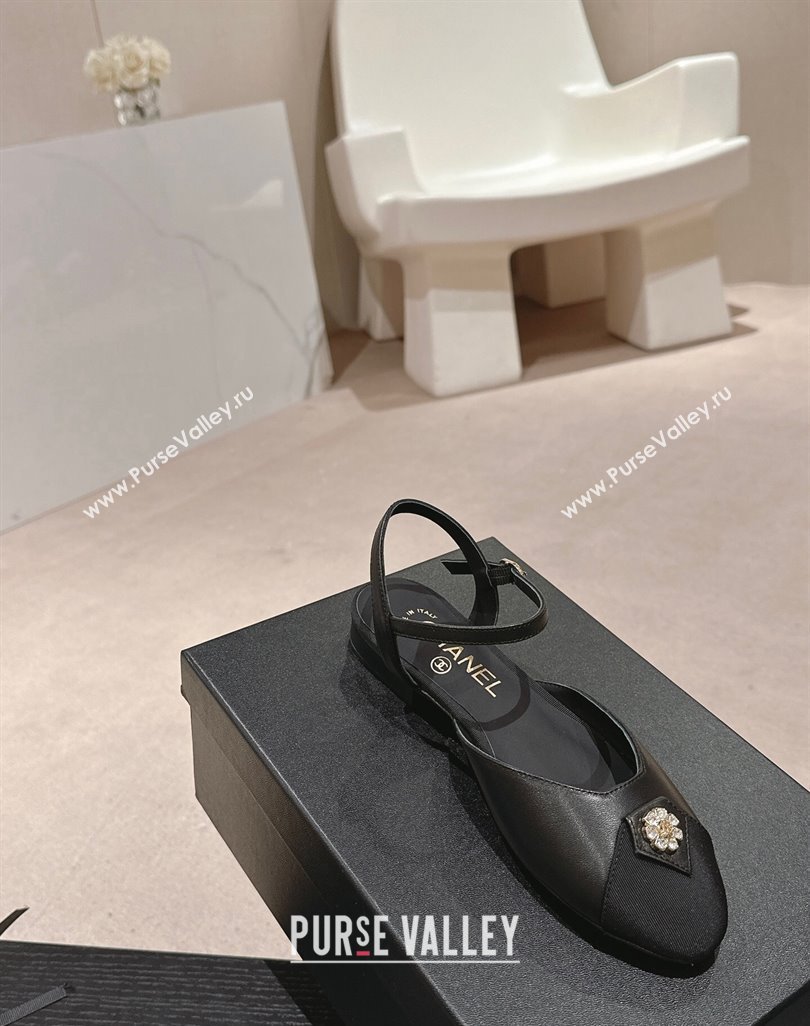 Chanel Lambskin Flat Slingback Flat with Crystals Bloom Black 2024 0423 (MD-240423038)