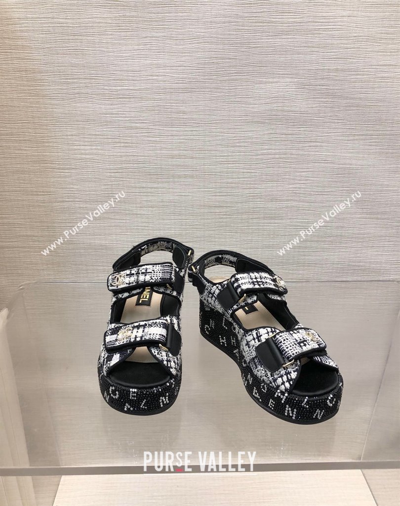 Chanel Tweed Wedge Sandals with Crystals and Letters Black/White 2024 0423 (MD-240423005)