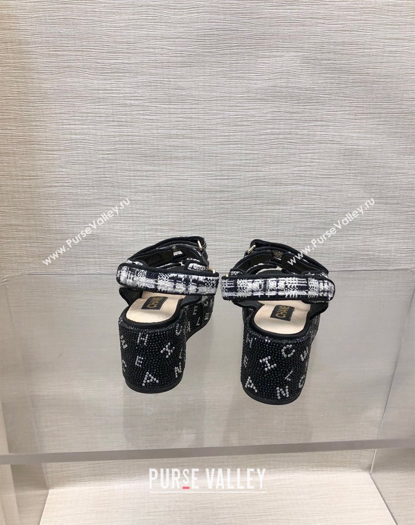 Chanel Tweed Wedge Sandals with Crystals and Letters Black/White 2024 0423 (MD-240423005)