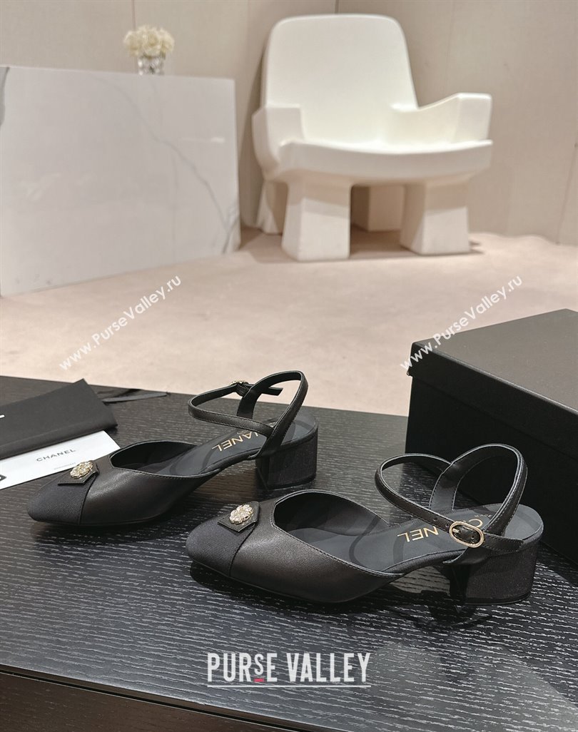 Chanel Lambskin Slingback Pumps 4.5cm with Crystals Bloom Black 2024 0423 (MD-240423041)