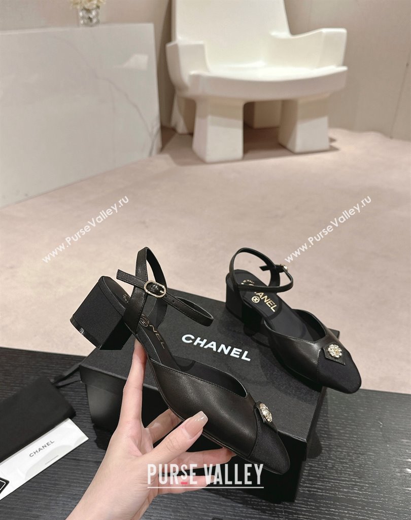 Chanel Lambskin Slingback Pumps 4.5cm with Crystals Bloom Black 2024 0423 (MD-240423041)