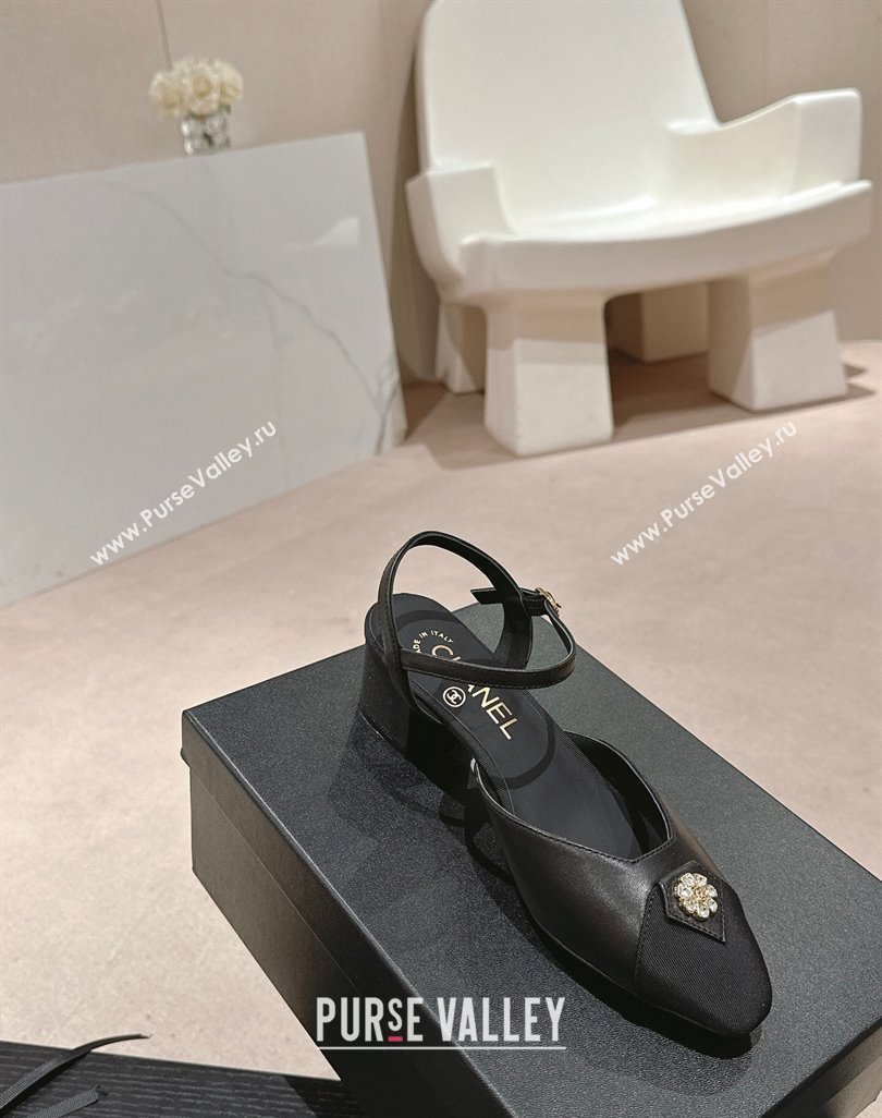 Chanel Lambskin Slingback Pumps 4.5cm with Crystals Bloom Black 2024 0423 (MD-240423041)