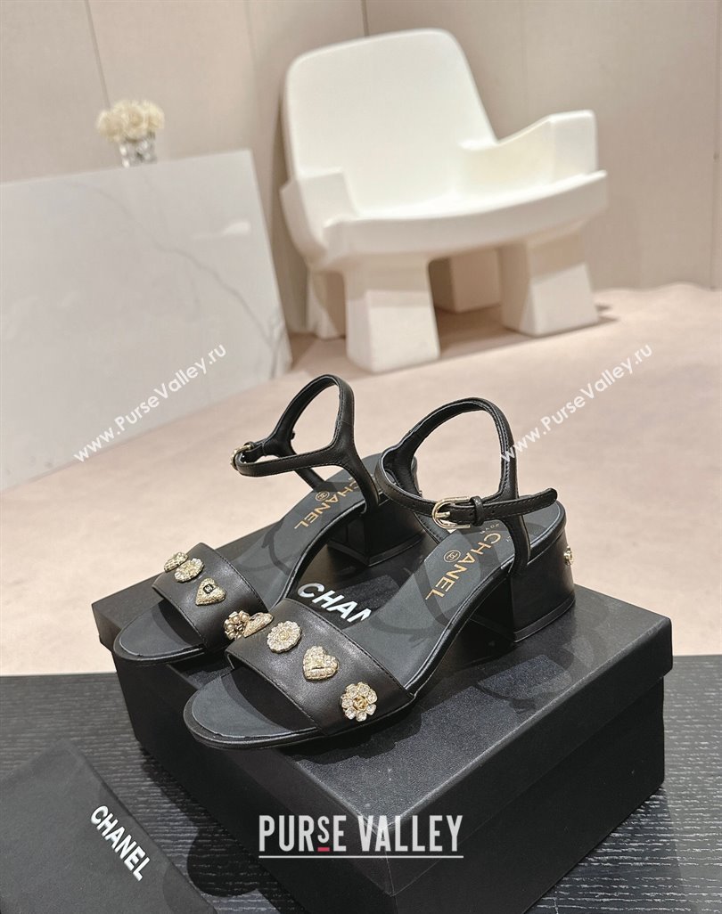 Chanel Lambskin Heel Sandals 4.5 with Crystals Charm Black 2024 0423 (MD-240423047)