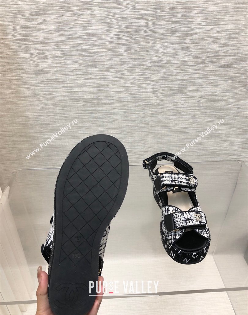 Chanel Tweed Wedge Sandals with Crystals and Letters Black/White 2024 0423 (MD-240423005)