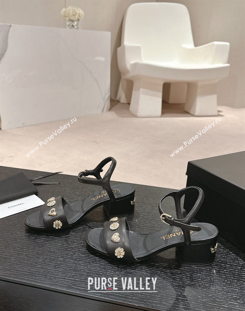 Chanel Lambskin Heel Sandals 4.5 with Crystals Charm Black 2024 0423 (MD-240423047)
