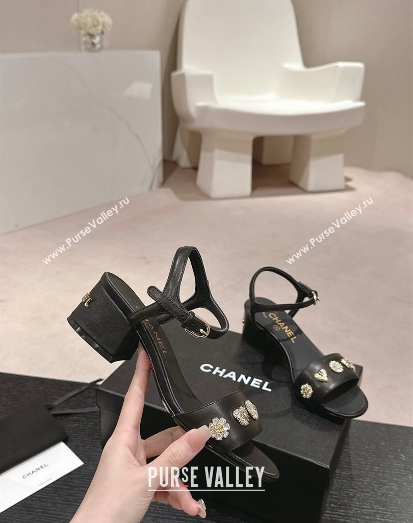 Chanel Lambskin Heel Sandals 4.5 with Crystals Charm Black 2024 0423 (MD-240423047)