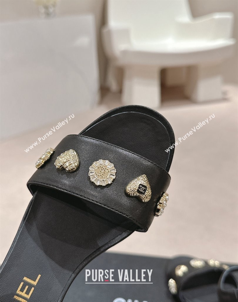 Chanel Lambskin Heel Sandals 4.5 with Crystals Charm Black 2024 0423 (MD-240423047)