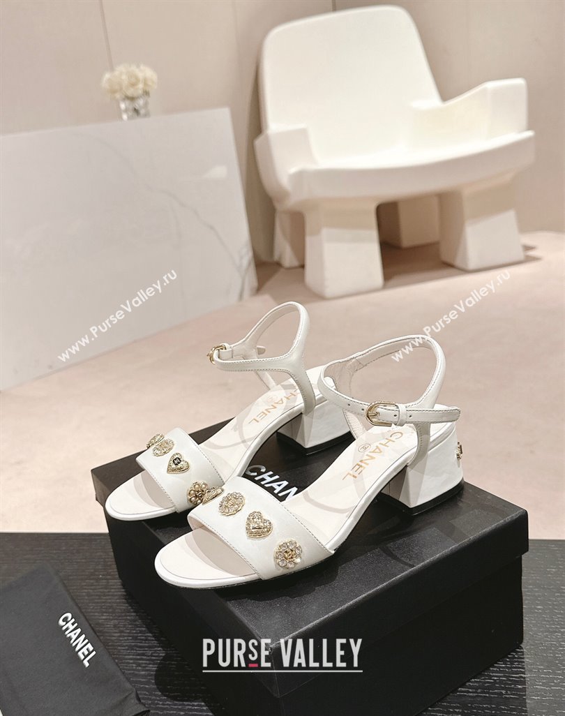 Chanel Lambskin Heel Sandals 4.5 with Crystals Charm White 2024 0423 (MD-240423048)