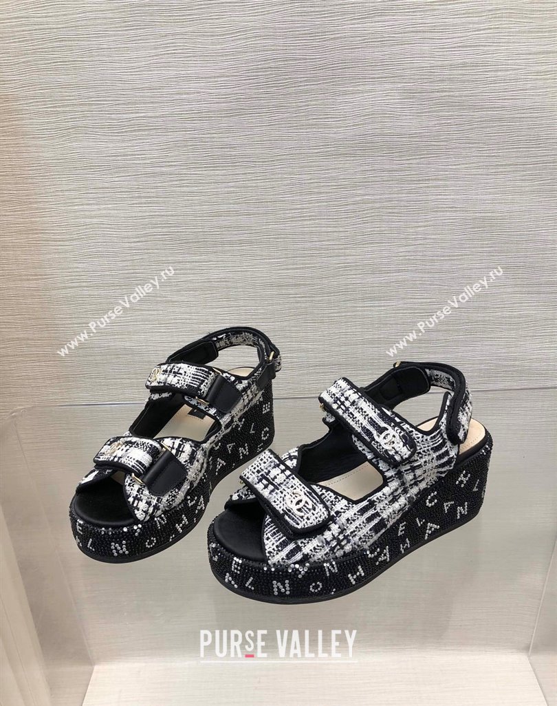 Chanel Tweed Wedge Sandals with Crystals and Letters Black/White 2024 0423 (MD-240423005)