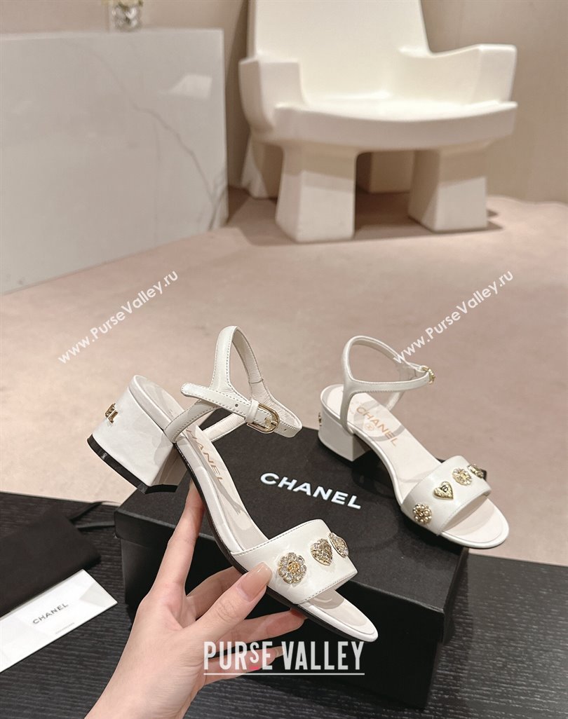 Chanel Lambskin Heel Sandals 4.5 with Crystals Charm White 2024 0423 (MD-240423048)