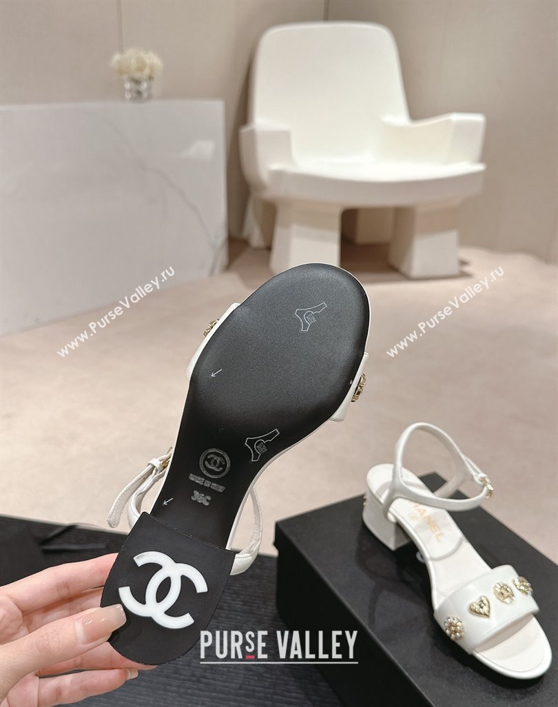 Chanel Lambskin Heel Sandals 4.5 with Crystals Charm White 2024 0423 (MD-240423048)