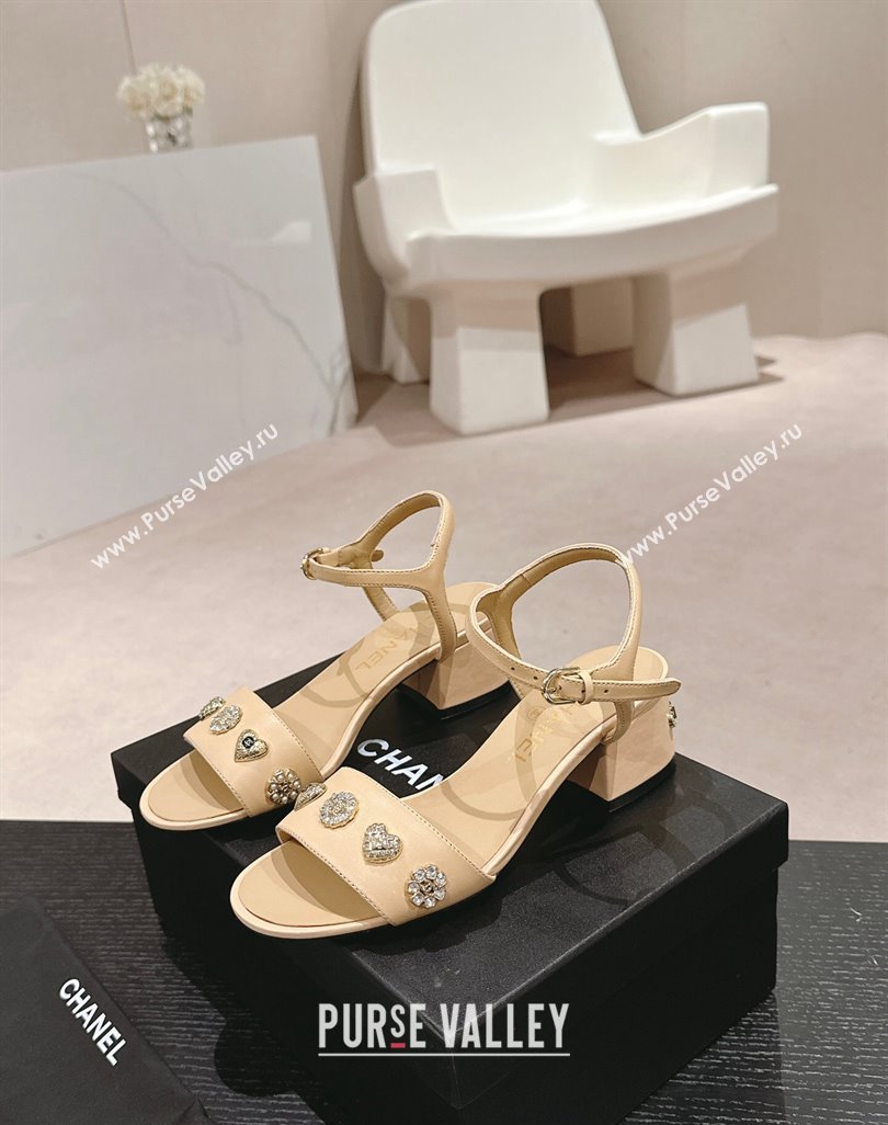 Chanel Lambskin Heel Sandals 4.5 with Crystals Charm Beige 2024 0423 (MD-240423049)