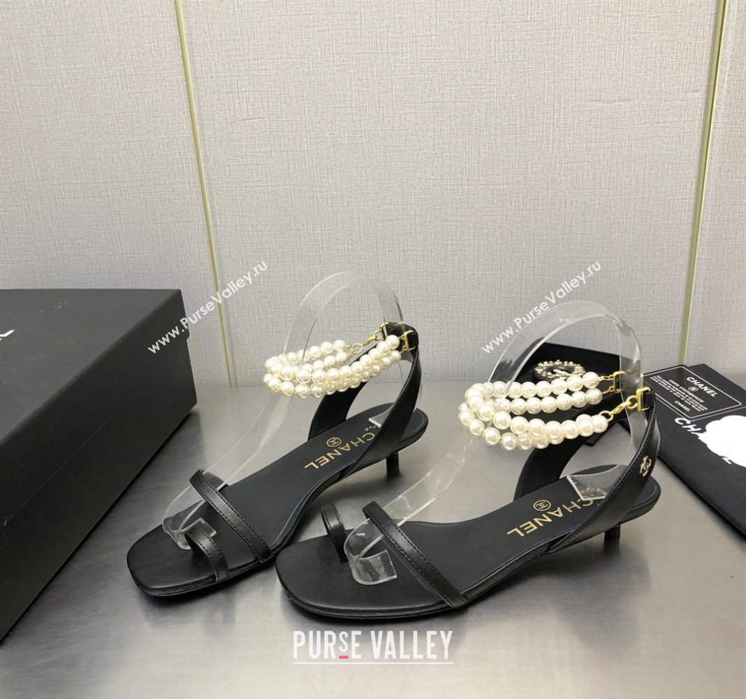 Chanel Lambskin Heel Sandals with Pearls Ankle Strap Black 2024 0423 (MD-240423001)