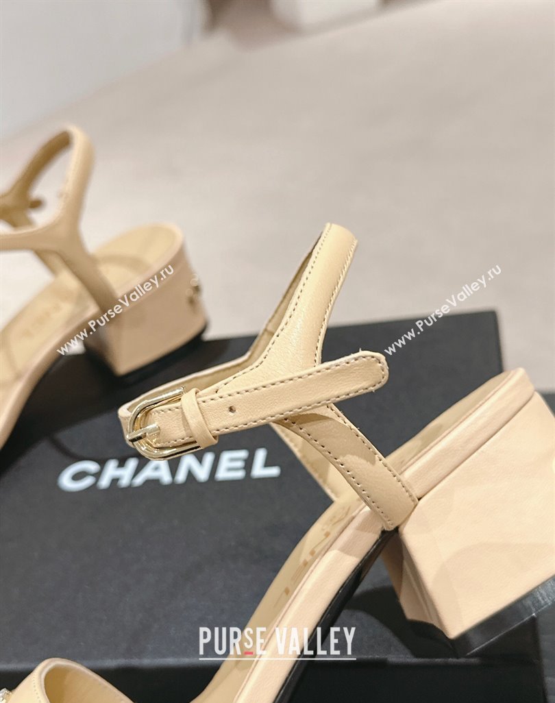 Chanel Lambskin Heel Sandals 4.5 with Crystals Charm Beige 2024 0423 (MD-240423049)