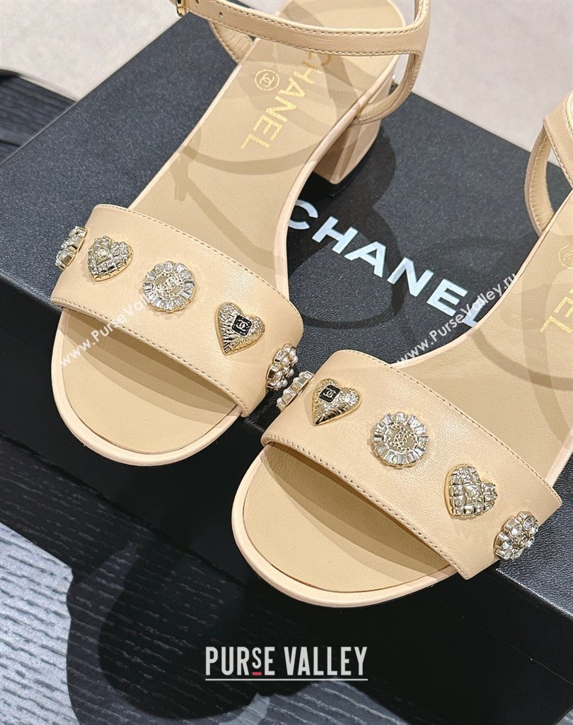 Chanel Lambskin Heel Sandals 4.5 with Crystals Charm Beige 2024 0423 (MD-240423049)