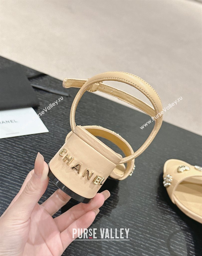 Chanel Lambskin Heel Sandals 4.5 with Crystals Charm Beige 2024 0423 (MD-240423049)