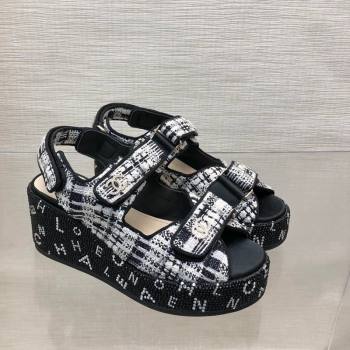 Chanel Tweed Wedge Sandals with Crystals and Letters Black/White 2024 0423 (MD-240423005)