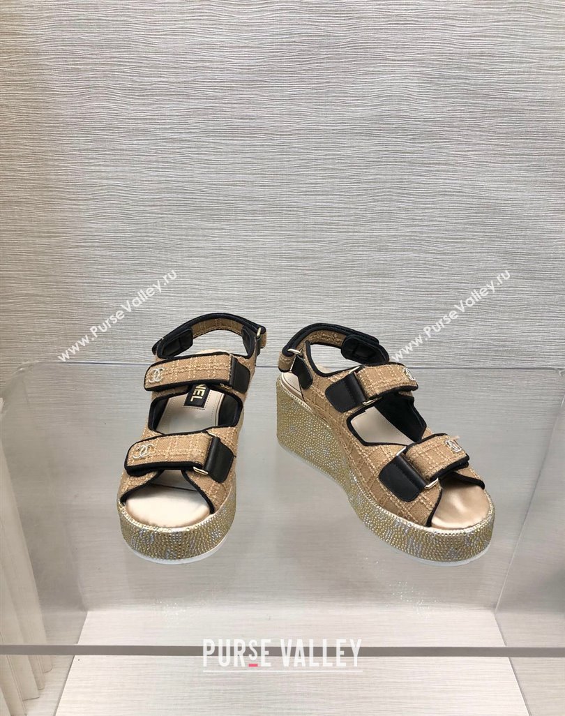 Chanel Tweed Wedge Sandals with Crystals and Letters Beige 2024 0423 (MD-240423006)