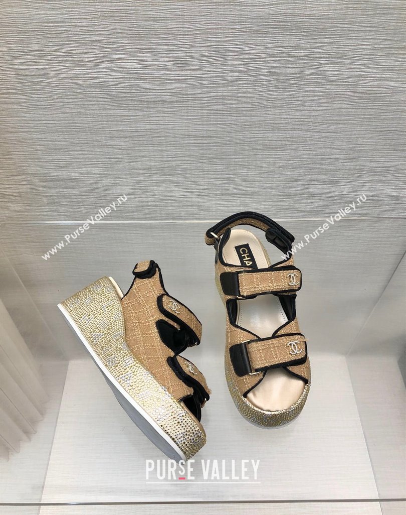 Chanel Tweed Wedge Sandals with Crystals and Letters Beige 2024 0423 (MD-240423006)